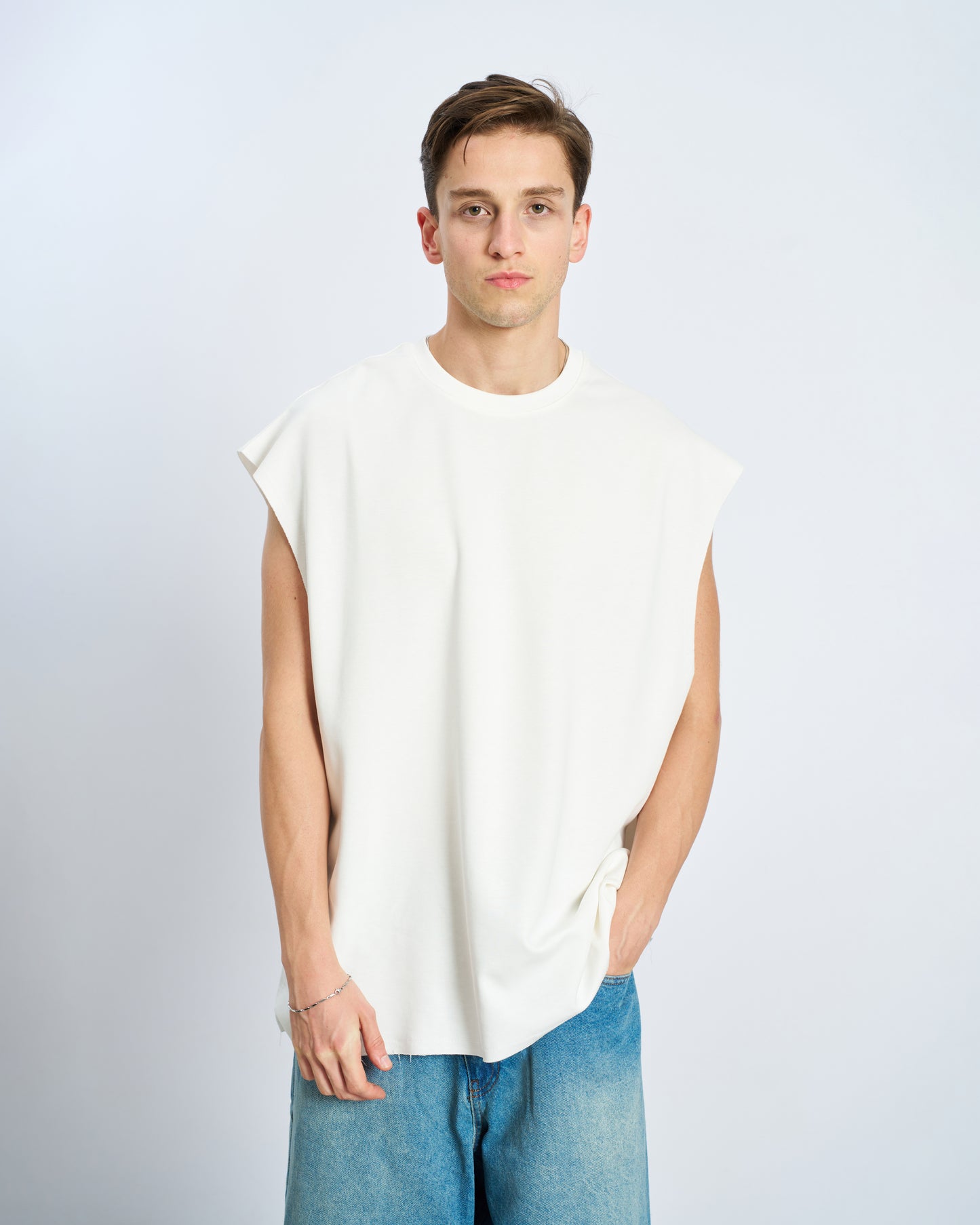 Oversize Basic Bisiklet Yaka Kolsuz Tişört-Ecru