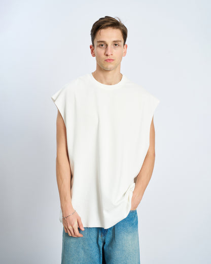 Oversize Basic Bisiklet Yaka Kolsuz Tişört-Ecru