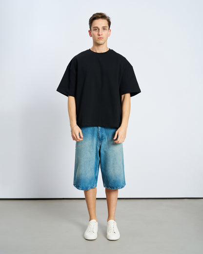 Oversize Boxy Fit Bisiklet Yaka Tişört - Siyah