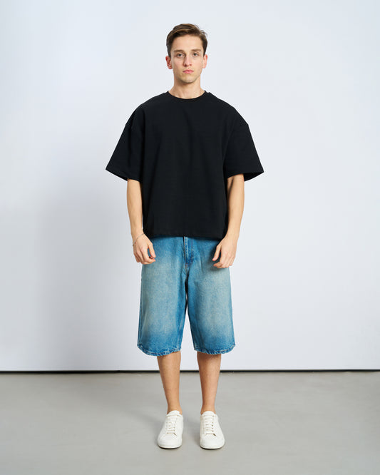Oversize Boxy Fit Bisiklet Yaka Tişört - Siyah