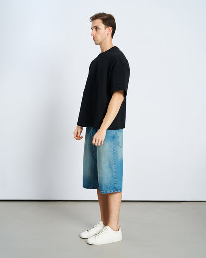 Oversize Boxy Fit Bisiklet Yaka Tişört - Siyah