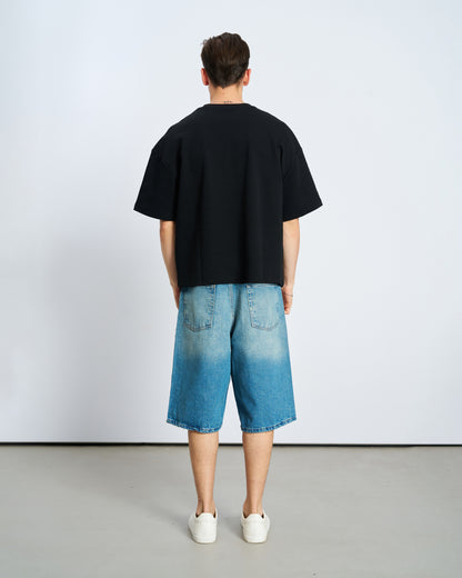 Oversize Boxy Fit Bisiklet Yaka Tişört - Siyah