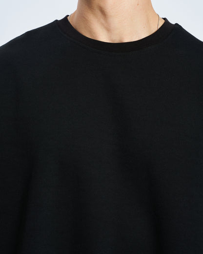 Oversize Boxy Fit Bisiklet Yaka Tişört - Siyah
