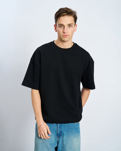 Oversize Boxy Fit Bisiklet Yaka Tişört - Siyah